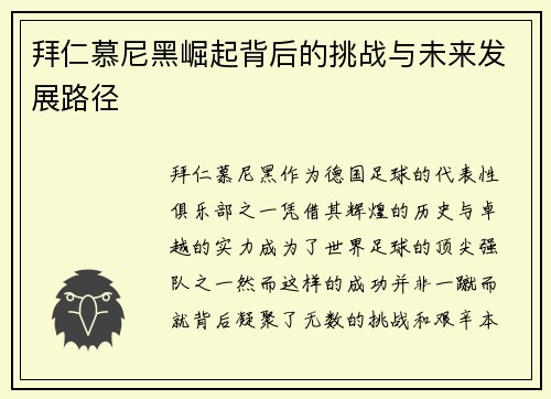 拜仁慕尼黑崛起背后的挑战与未来发展路径